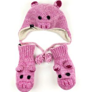 Yetilang Piglet Wool Mohair  Knitted Winter Hat and Mittens Set